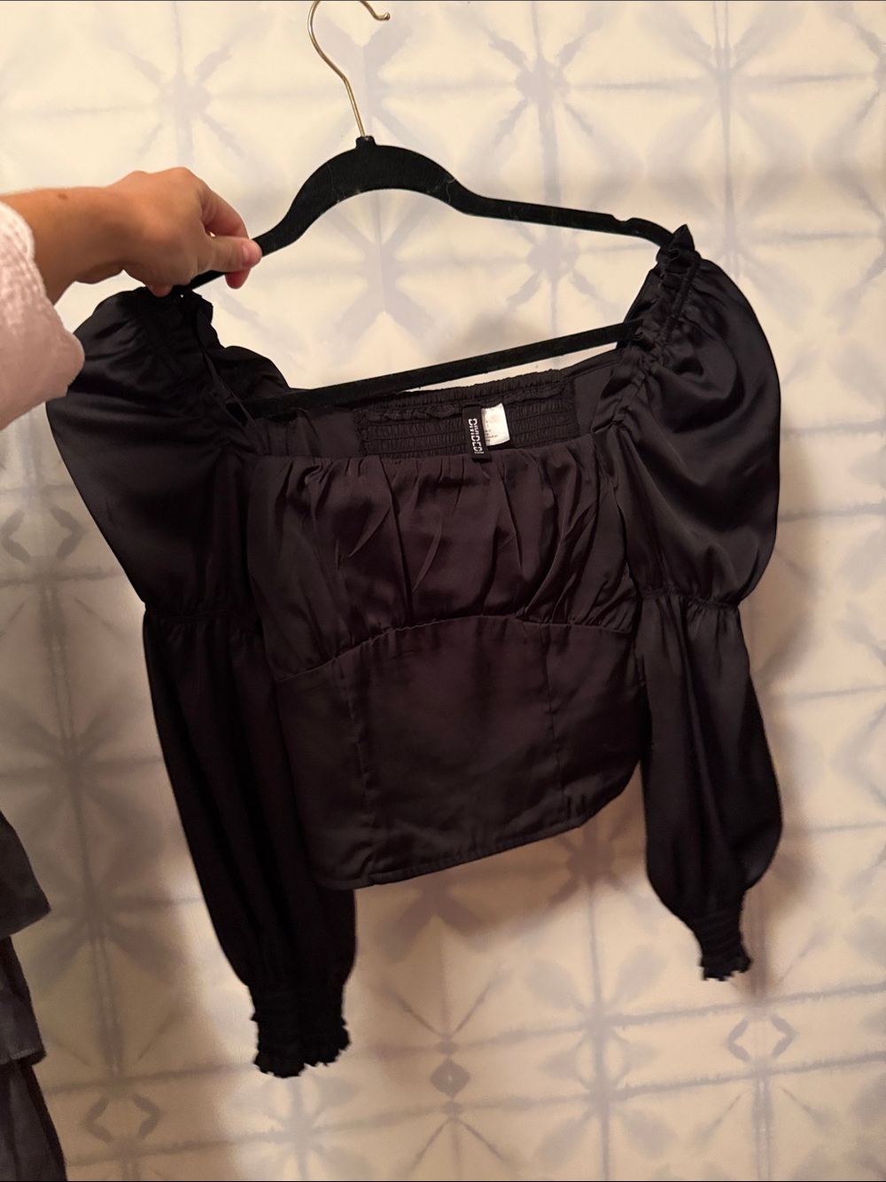 Black Satin Puff Sleeve Crop Top